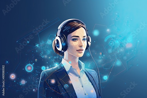 A woman dressed in a suit is wearing headphones while engaged in work or communication activities. Generative AI