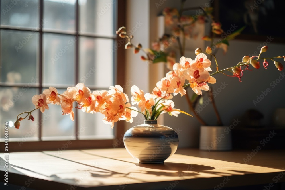 Sunlit orchids in striped vase on table with window light casting soft shadows, evoking warmth and tranquility. Sunlit orchids in striped vase on table with window light casting soft shadows, evoking warmth and tranquility.