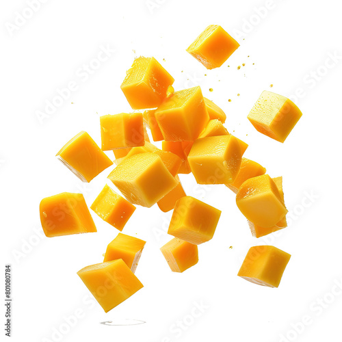 Obraz na płótnie Flying fruit. Falling sliced mango fruits isolated