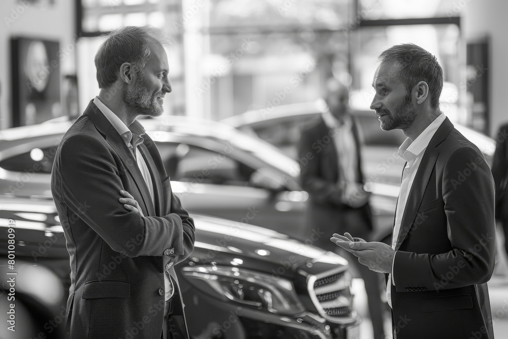 Fototapeta premium Two businessmen discussing beside luxury car