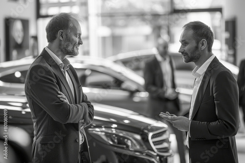Two businessmen discussing beside luxury car