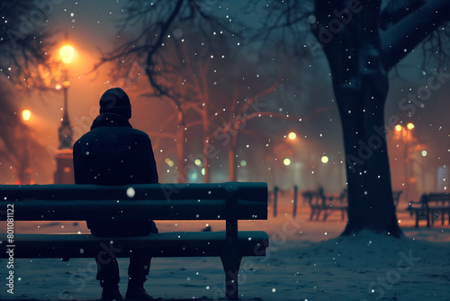 Man alone on a bench on a snowy night with dim lights
