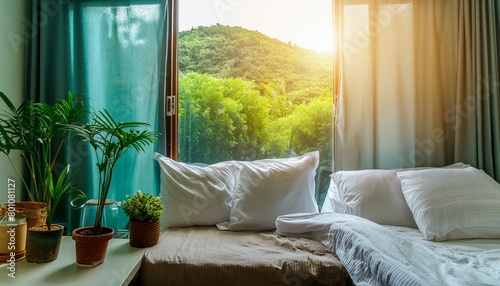 Bed room with clean environment sunlight coming from window morning scene