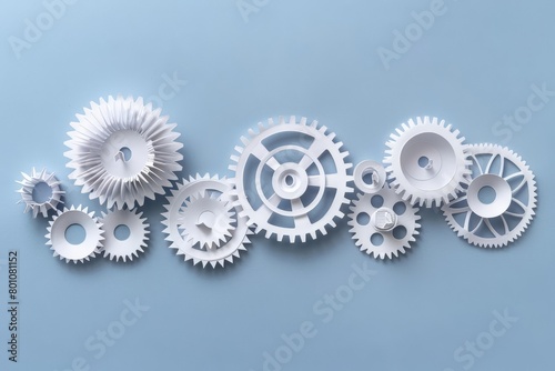 A series of paper gears mesh perfectly, symbolizing a welloiled business operation in a mechanicalthemed display, paper art style concept photo