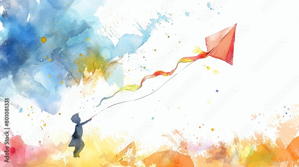 A watercolor painting of a minimal kid flying a vibrant kite in the sky, on a white background