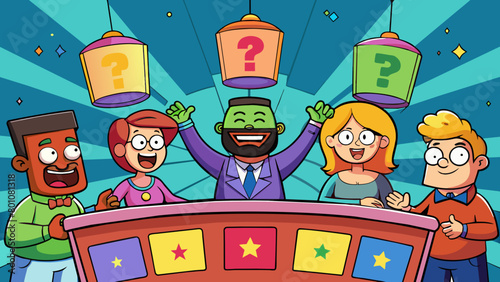 Excited Game Show Contestants Answering Questions Under Colorful Spotlights