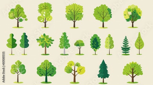 Flat design vector trees icon set. Popular tree species collection. Trees set in flat design. Vector illustration photo