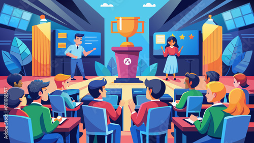 Cartoon Award Ceremony in Modern Conference Room with Attentive Audience