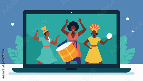 A laptop displaying a livestreamed performance of African drummers and dancers for a virtual Juneteenth gathering.. Vector illustration