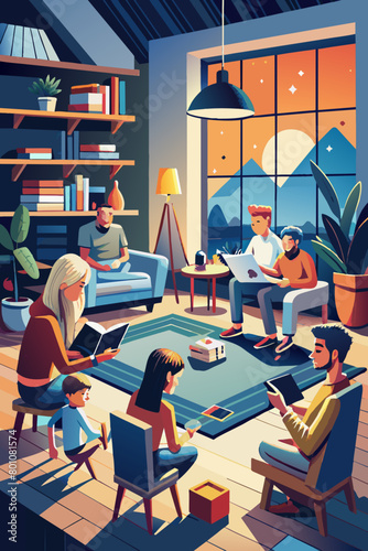 Cozy Family Time in a Modern Living Room at Dusk