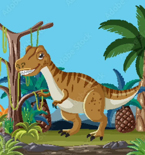 Cartoon dinosaur roaming a vibrant prehistoric landscape.