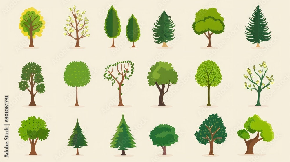 Flat design vector trees icon set. Popular tree species collection. Trees set in flat design. Vector illustration