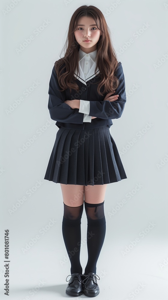 Portrait of smiling girl in Japanese school uniform, isolated on white background. Full body. Portrait of smiling girl in Japanese school uniform, isolated on white background. Full body.