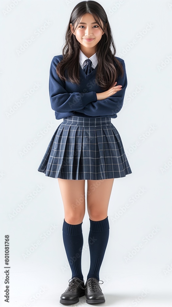 Portrait of smiling girl in Japanese school uniform, isolated on white background. Full body. Portrait of smiling girl in Japanese school uniform, isolated on white background. Full body.