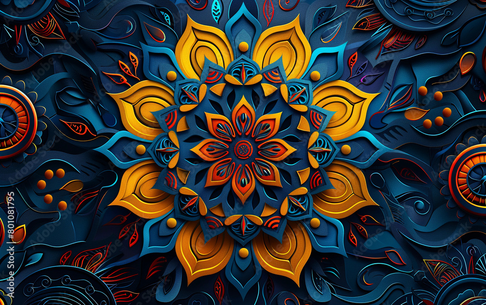 A colorful flower with gold and blue petals. The flower is very detailed and has a lot of intricate patterns