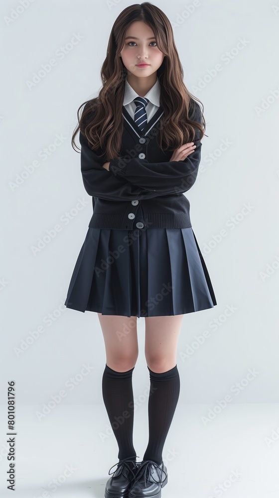 Portrait of smiling girl in Japanese school uniform, isolated on white background. Full body. Portrait of smiling girl in Japanese school uniform, isolated on white background. Full body.