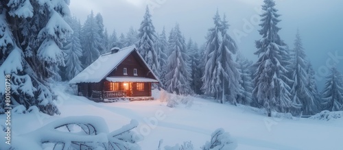 A winter landscape featuring an isolated wooden cabin photo