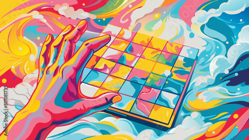 Vibrant Hand-Solving Puzzle Amidst Psychedelic Colors