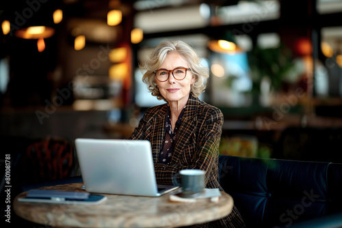 Senior businesswoman sitting at a cafe with laptop