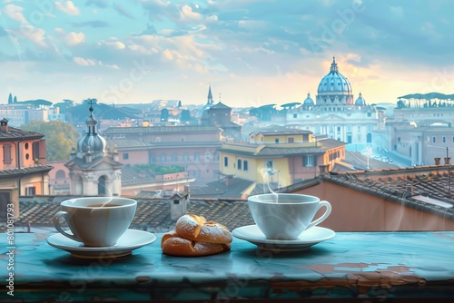 Dreamy Roman coffee break with pastel skyline; ideal for travel, lifestyle ads; soft tones, modern serene vibe.