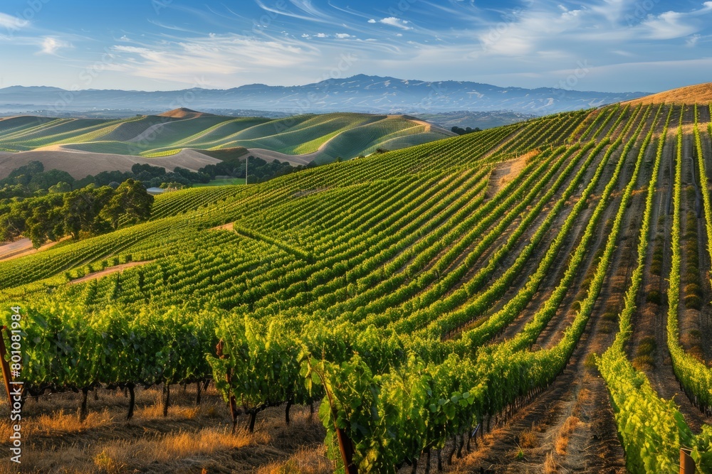 A commercial photograph of a vineyard in the hills of California, showcasing undulating terrain and rows of vineyard fields