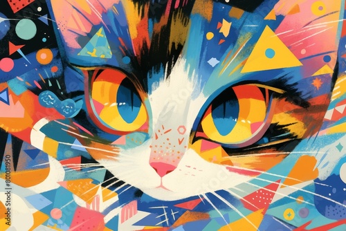 A curious cat peering through a kaleidoscope, depicted in the vibrant, abstract style of Wassily Kandinsky photo