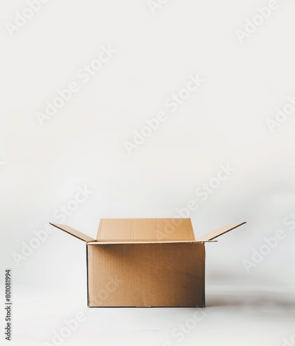 Carton open box. Parcel packaging. White background with copy space. Side view. Vertical banner.