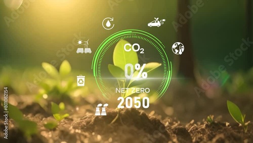 Digital dashboard of CO2 level gauge percentage drop down to 0. Net Zero Emissions by 2050 policy animation concept, green renewable energy technology for future environment.4K corporate video