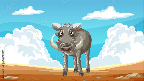 Schilderij op canvas Cartoon warthog standing under a clear blue sky