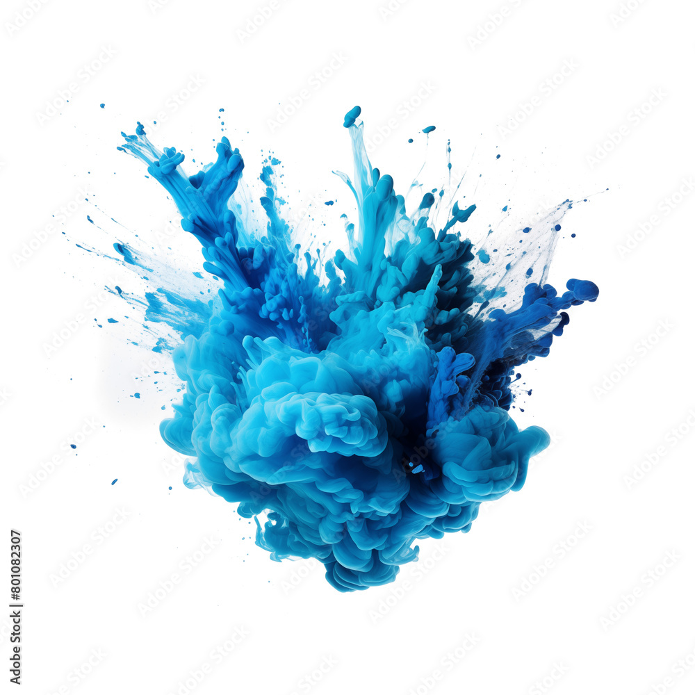 A dynamic burst of blue ink diffusing through water, creating an abstract aquatic artwork on a pure transparent background. Generative AI