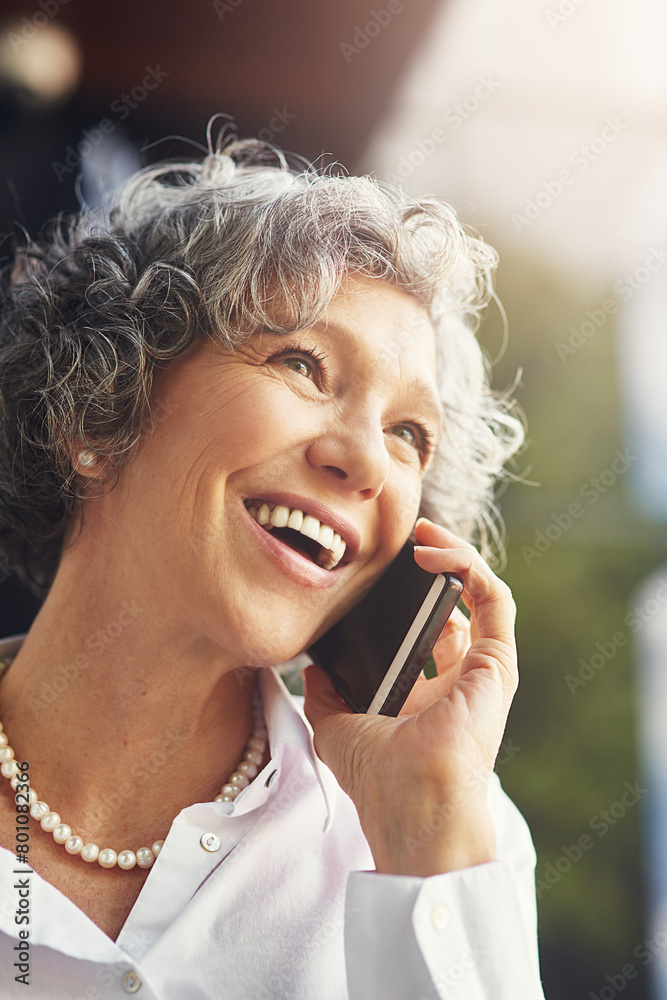 Mature, talking and happy woman for phone call with communication, conversation and networking outdoor. Senior ceo, mobile and smile with discussion for deal negotiation and sales for business growth Mature, talking and happy woman for phone call with communication, conversation and networking outdoor. Senior ceo, mobile and smile with discussion for deal negotiation and sales for business growth