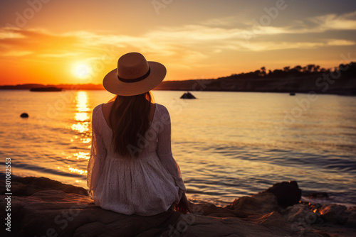 Back view of young sensual woman watching sunset on the beach, golden hour light creating a serene atmosphere, elegant summer clothes