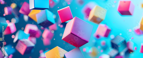 Abstract 3d rendering of chaotic colorful cubes floating in the air. Background with flying cubes.