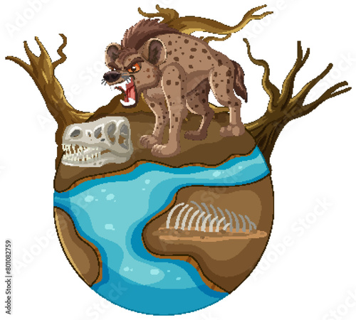 Illustration of a hyena standing on a tree above water.