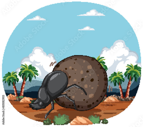 Cartoon dung beetle pushing a large ball.
