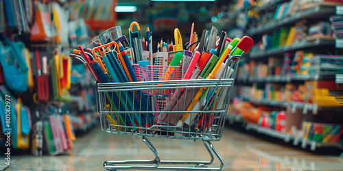 School Supplies in Shopping Cart Banner of Shopping Cart with School Supply Back to School Shopping Spree Cart Full of Supplies