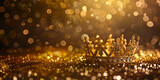 Shiny Golden Queen Crown Adorned Luxury Abstract Background with Glitter Lights and Bokeh