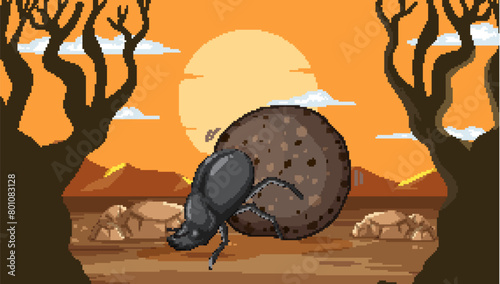 Vector illustration of a dung beetle pushing dung