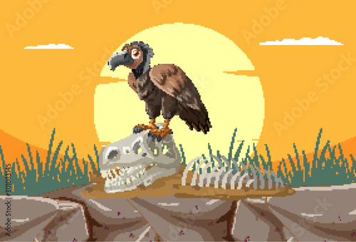 Cartoon vulture on skeleton in arid landscape