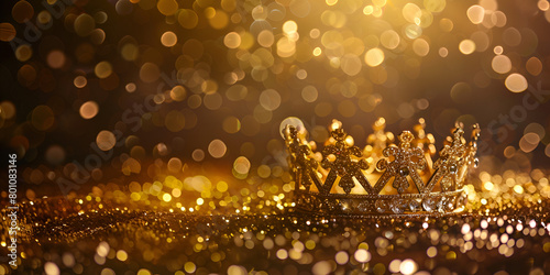 Shiny Golden Queen Crown Adorned Luxury Abstract Background with Glitter Lights and Bokeh photo