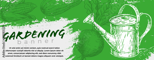Horizontal banner with green grungy scratchy texture, stylized sketchy garden can and vegetables