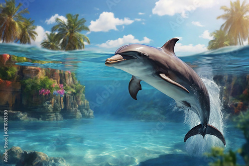 Dolphin jumping out of the water. 3D render.