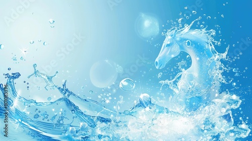 A illustration banner with flows and drops of crystal clear water of light blue color and sea horse, Marine background,A unique and colorful watercolor design featuring a unicorn suitable for decor photo