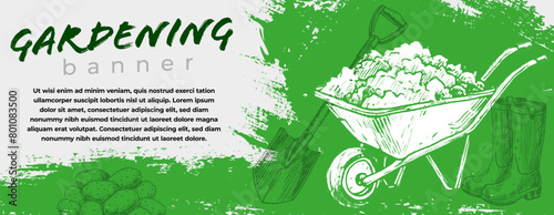 Horizontal banner with green grungy scratchy texture, stylized sketchy garden wheel with dirt, spade, wellies and potatoes
