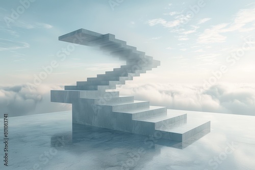 A floating staircase mockup featuring a staircase that spirals upwards or descends into the clouds, creating a sense of disorientation and infinite possibilities photo