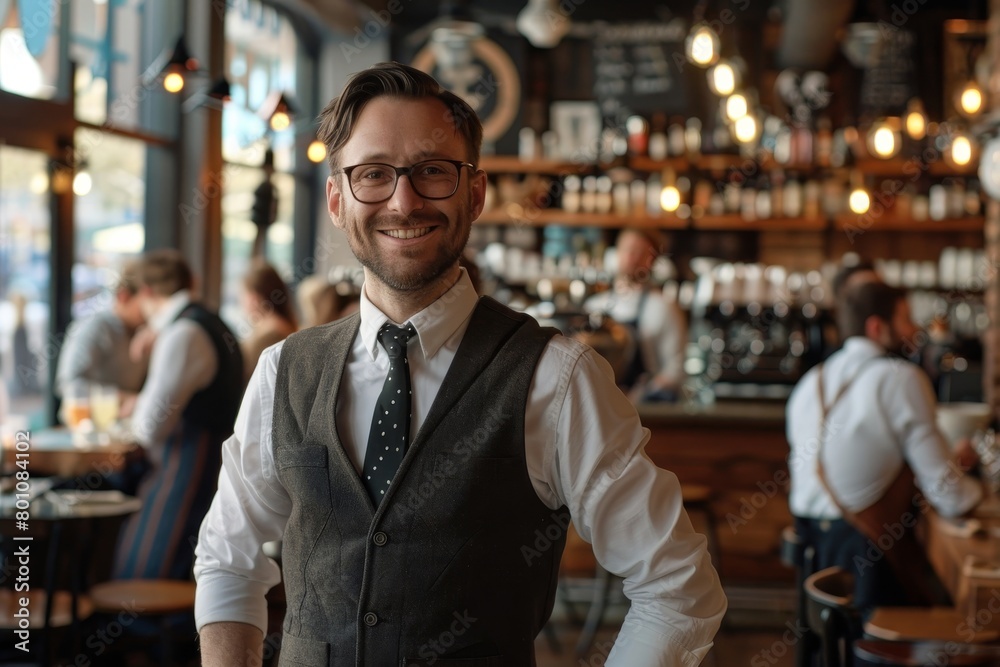 Happy businessman, restaurant owner proudly looking at crowded restaurant, Generative AI Happy businessman, restaurant owner proudly looking at crowded restaurant, Generative AI