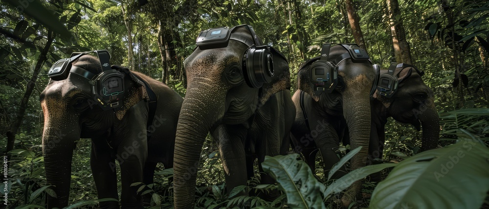 Elephants with fitted tracking devices help map out unexplored forest areas while collecting data on flora and fauna health Sharpen close up strange style hitech ultrafashionable c