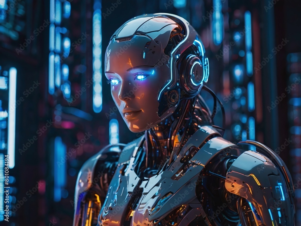 futuristic robot, metallic body, amidst blue neon lights, suggesting advanced technology and AI futuristic robot, metallic body, amidst blue neon lights, suggesting advanced technology and AI