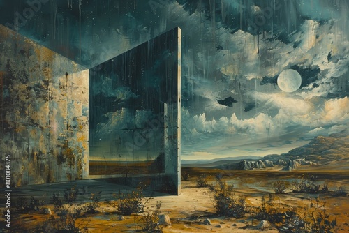 A self-referential painting mockup featuring a painting within a painting that depicts the same scene, creating a recursive loop and questioning the nature of reality photo