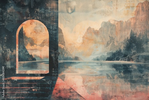 A self-referential painting mockup featuring a painting within a painting that depicts the same scene, creating a recursive loop and questioning the nature of reality photo